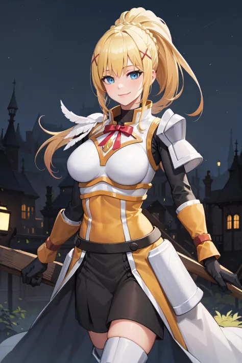 best quality, highres, 1girl, long hair, blonde hair, x hair ornament, armor, blue eyes, ponytail, hair ornament, gloves, shoulder armor, braid, black gloves, pauldrons, white boots, darkness \(konosuba\), large breasts, cowboy shot, castle, outdoors, smile,