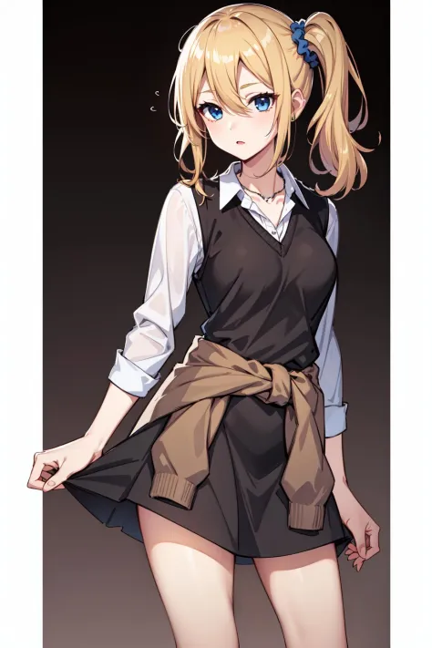 masterpeace, best quality, highres, 1girl, solo, hayasaka ai, blue scrunchie, side ponytail, hair between eyes, blue eyes, blonde hair, hair ornament, breasts, school uniform, collared shirt, hair scrunchie, clothes around waist, bangs, black socks, black vest, long hair, long sleeves, cardigan, sidelocks, kneehighs, dress shirt, necklace, collarbone, black dress, jewelry, sweater, <lora:hayasaka_ai_v10:0.6>, cowboy shot, standing,