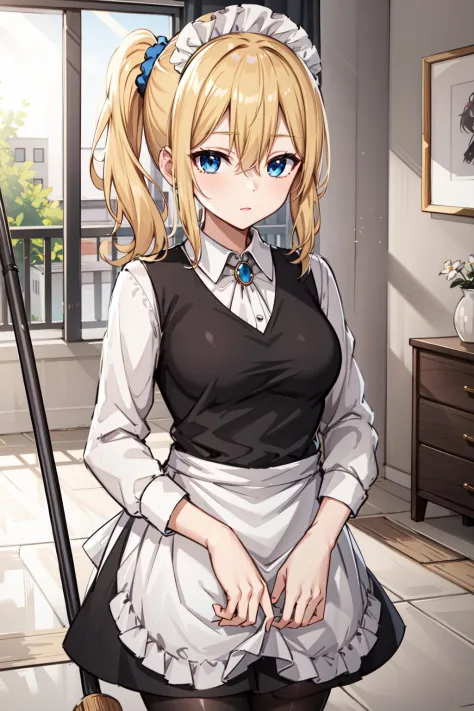 masterpeace, best quality, highres, 1girl, hayasaka ai, solo, blonde hair, maid, blue eyes, side ponytail, hair scrunchie, hair ornament, blue scrunchie, maid headdress, apron, hair between eyes, breasts, long sleeves, bangs, white shirt, black dress, sidelocks, maid apron, black pantyhose,  <lora:hayasaka_ai_v10:0.6>, :i, cleaning, room,