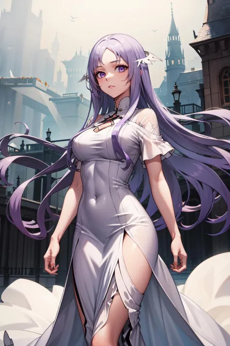 masterpiece, best quality, highres. 1girl, solo, very long hair, light purple hair, swept bangs, purple eyes, white dress, long dress, floating hair, short sleeves, large breasts, castle, standing,