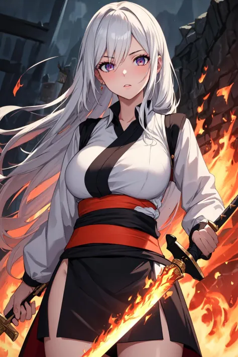 (masterpiece:1.5) (best quality:1.5), ultra-detailed, 8k, extreme detailed eyes, 1girl, black_sash, breasts, fire, flaming_sword...
