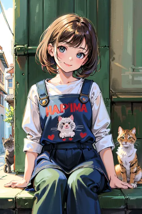 best quality, high resolution, distinct image, (many (detailed) little cats) and one lady:1.3), focus on cat, little (detailed) cats around girl,background is back alley, detasiled sunlight, sitting, girl looking viewer, front view, (cats looking viewer:1.2), (happy:1.3) , (kitten),she is standing