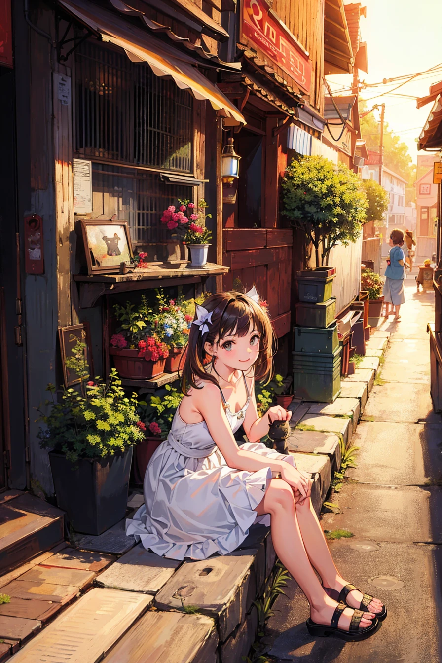 best quality, high resolution, distinct image, (many (detailed) little cats) and one lady:1.3), focus on cat, little (detailed) cats around girl,background is back alley, detasiled sunlight, sitting, girl looking viewer, front view, (cats looking viewer:1.2), (happy:1.3) , (kitten),she is standing