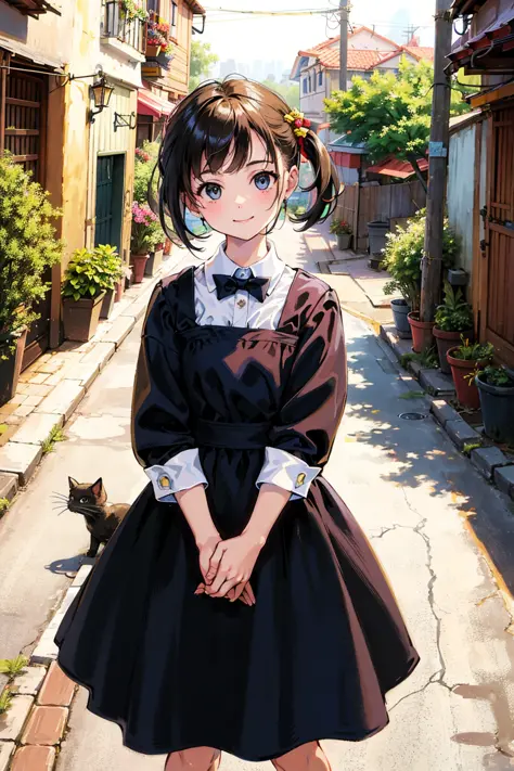 best quality, high resolution, distinct image, (many (detailed) little cats) and one lady:1.3), focus on cat, little (detailed) cats around girl,background is back alley, detasiled sunlight, sitting, girl looking viewer, front view, (cats looking viewer:1.2), (happy:1.3) , (kitten),she is standing