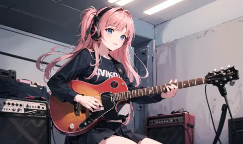 ((masterpiece,best quality))1girl, solo, black skirt, blue eyes, electric guitar, guitar, headphones, holding, holding plectrum, instrument, long hair, , music, one side up, pink hair, playing guiter, pleated skirt, black shirt, indoors