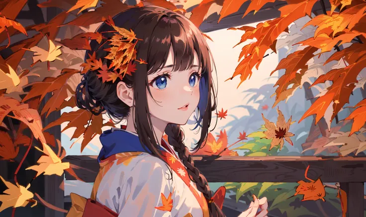 ((masterpiece,best quality)),1girl, bangs, blue eyes, blurry background, branch, brown hair, dappled sunlight, flower, from side, hair flower, hair ornament, japanese clothes, kimono, leaf, (maple leaf:1.9), obi, outdoors, sash, solo, sunlight, upper body