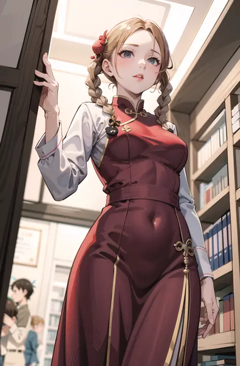 (masterpiece, best quality:1.2),1girl,
teenage girl,
path traced,
historical,
strawberry blonde,
grey,
twin braids,
library,
vietnamese dress,
from below,
standing,