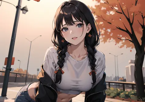 (masterpiece, best quality:1.2),
young girl,
physically based rendering (pbr),
drama,
orange,
grey,
tri braids,
autumn,
midriff ...