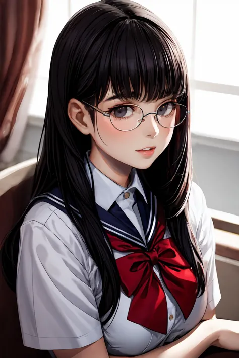 anime girl with glasses and a bow tie sitting at a table