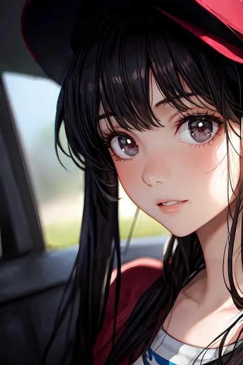 anime girl with long black hair wearing a red hat