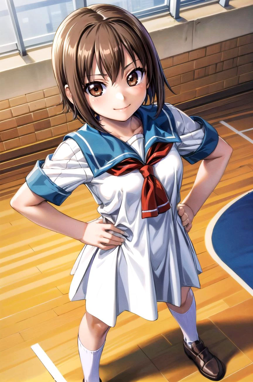 (masterpiece, best quality, detailed), 1girl, solo, looking at viewer, makaidjisc1, brown hair, brown eyes, sailor dress, short sleeves, neckerchief, white socks, loafers, brown footwear, smug, smile, closed mouth, school gym, hands on hips, from above, fisheye