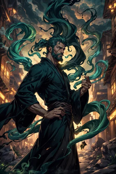 (danish man), ven0mancer, venom smoke, dynamic pose, wizard robe, (40 years old), beard, outdoors, from side, swirling green smo...