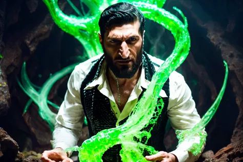 (Fares Fares:1.2) a man with a (slicked-back hair:1.4) wearing a black vest (and long sleeved white shirt:1.25), inside a dark cave, (full:1.2) (long:0.5) (squarish:1.2) big (beard:1.2), devilish (confident looking down:1.2), (a ven0mancer, venom liquid, swirling green liquid:1.1) is around his body, 4k uhd, dslr, soft light, high quality, Fujifilm XT3  