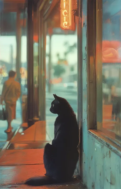 there is a cat sitting on the sidewalk in front of a store