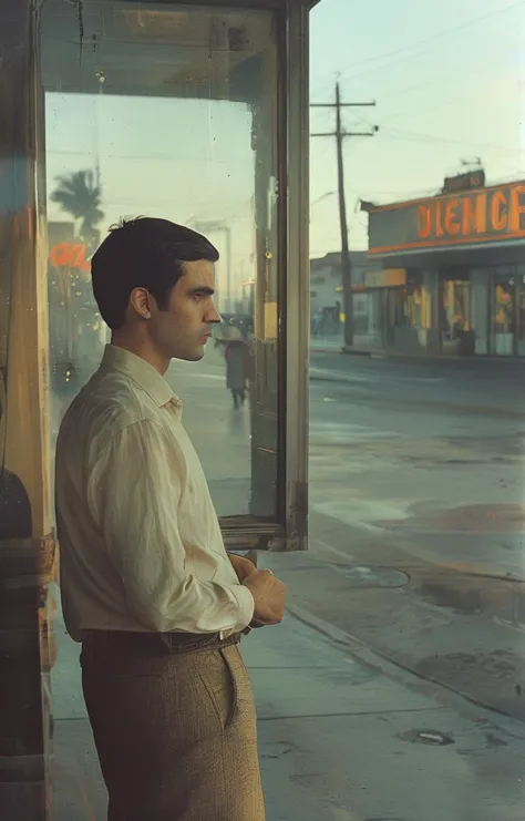 arafed man standing on a sidewalk in front of a bus stop