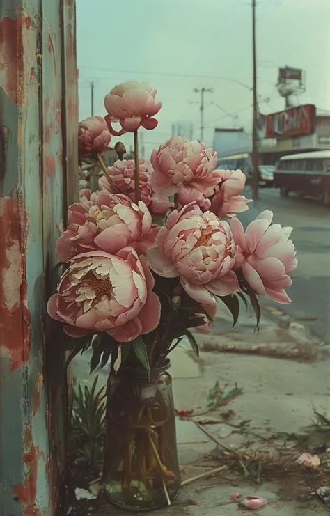 there is a vase of flowers sitting on the sidewalk by the street