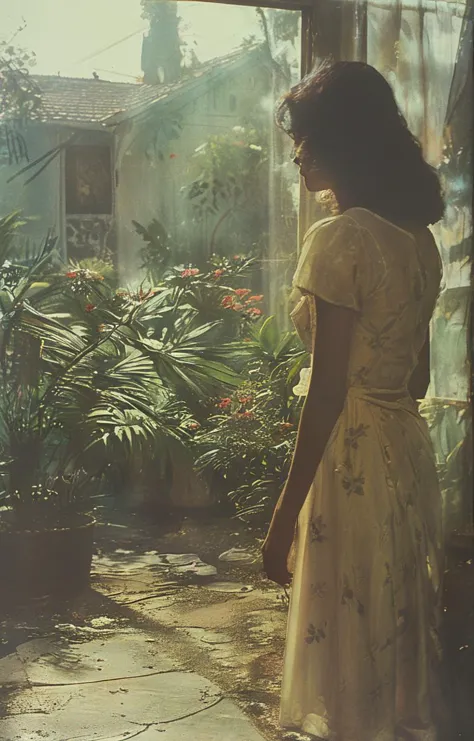 there is a woman standing in a garden looking out the window