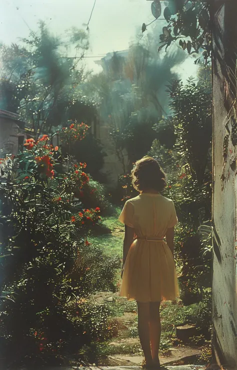 there is a woman standing in a garden with a bag