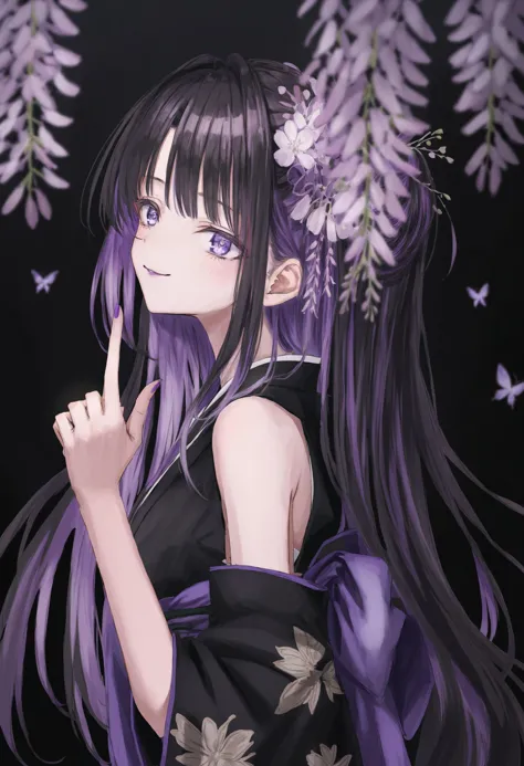 1girl, 
solo, long hair, purple eyes, flower, hair ornament, japanese clothes, black hair, kimono, bangs, hair flower, purple ha...