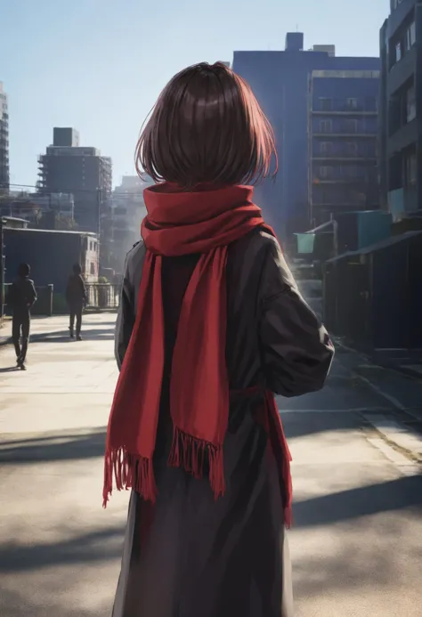 scenery, no humans, colorful, building, solo, multicolored scarf, day, multicolored clothes, facing away, scarf, sunlight, looki...