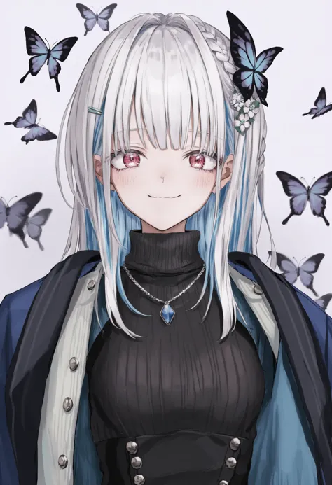 a woman with white hair and blue eyes standing in front of butterflies