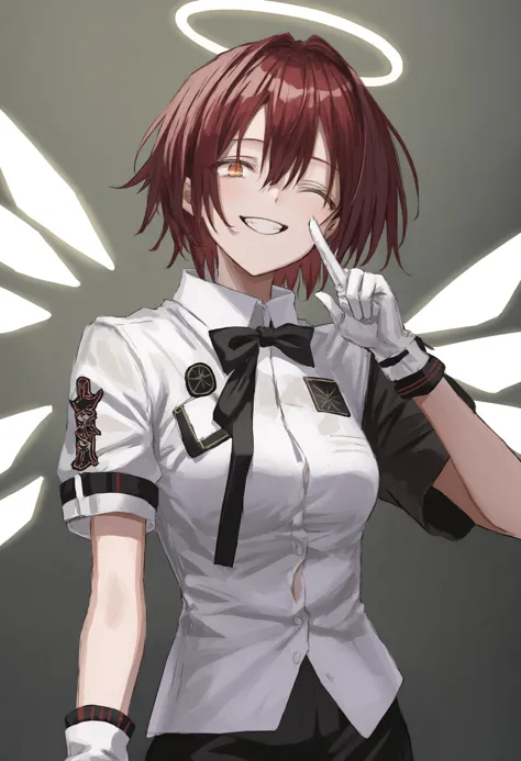 1girl, 
exusiai \(arknights\),  
solo, red hair, halo, one eye closed, gloves, short hair, white gloves  tie, smile, looking at ...