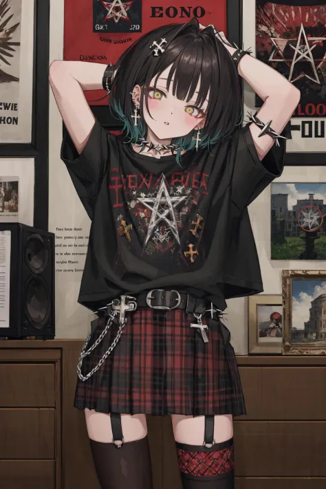 1girl, solo, skirt, plaid skirt, looking at viewer, medium hair, shirt, cowboy shot, profanity, jewelry, plaid, cross, black shi...