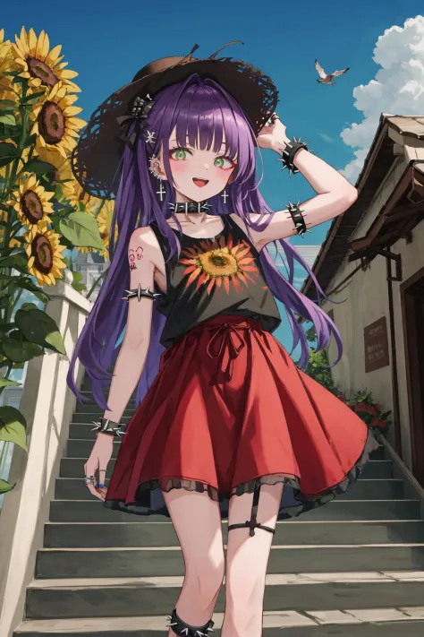 1girl, solo, jewelry, purple hair, bracelet, spikes, tattoo, black bow, spiked bracelet, long hair, green eyes, smile, blush, ring, spiked armlet, looking at viewer, bow, hair bow, collar, skirt, open mouth, spiked collar, hair intakes, black nails, studded bracelet, earrings, black skirt, cross, shirt, indoors, :d, cowboy shot, multiple rings, hand up, twintails, black shirt, cross earrings, bare shoulders, ear piercing, bangs, armlet, sleeveless shirt, sleeveless, fingernails, piercing, black ribbon, nail polish ,hat, flower, solo, sky, sunflower, outdoors, dress, cloud, day, hat removed, holding, headwear removed, holding hat, holding clothes, brown hair, long hair, standing, blue sky, scenery, red footwear, sleeveless, shoes, sundress, sleeveless dress, building, straw hat, brown eyes, sun hat, bangs, tree, bare shoulders, house, looking at viewer, plant, sunlight, stairs, bird 
///////////  