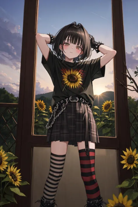 1girl, solo, shirt, skirt, jewelry, earrings, black shirt, thighhighs, plant, striped, looking at viewer, blush, black skirt, po...