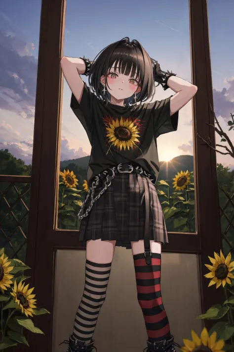 1girl, solo, shirt, skirt, jewelry, earrings, black shirt, thighhighs, plant, striped, looking at viewer, blush, black skirt, potted plant, plaid, asymmetrical legwear, belt, short sleeves, cross, plaid skirt, boots, pleated skirt, black footwear, standing, bangs, black hair, hair intakes, black belt, indoors, spikes, closed mouth, short hair, gloves, fingerless gloves, lamp, striped thighhighs, head tilt, cross earrings, arms up, black nails, hands up, single thighhigh ,wind chime, sunflower, blurry, scenery, depth of field, sky, cloud, sunlight, blurry foreground, outdoors, branch, reflection, flower, lens flare, window, summer, plant, tree, sunset, artist name, blurry background 
///////////  <lora:GU-000183:1>