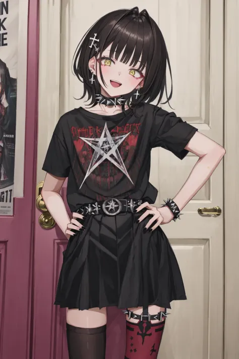 1girl, solo, smile, shirt, black nails, looking at viewer, pentagram, thighhighs, hair ornament, :d, blush, open mouth, head tilt, yellow eyes, black shirt, teeth, cross, detached sleeves, black skirt, skirt, belt collar, black hair, black thighhighs, hand on hip, poster \(object\), hairclip, nail polish, v, indoors, medium hair, jewelry, short sleeves, choker, bangs, cowboy shot, fingernails, earrings, spikes, single thighhigh, t-shirt, door, standing, collar, upper teeth only 
///////////  <lora:GU-000183:1>