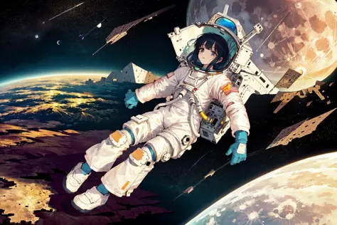 paysage, paysage, lune, astronaute, flottant, a astronaute girl flottant in space