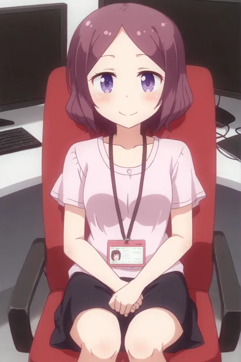 <lora:Rin_Tooyama:0.7> Rin Tooyama, blush, smile, shirt, closed_mouth, 1girl, sitting, collarbone, flower, short_sleeves, chair, head_out_of_frame, id_card, monitor, lanyard, swivel_chair, keyboard_\(computer\), office_chair, mouse_\(computer\) <lora:sdxl_lightning_4step_lora:1>