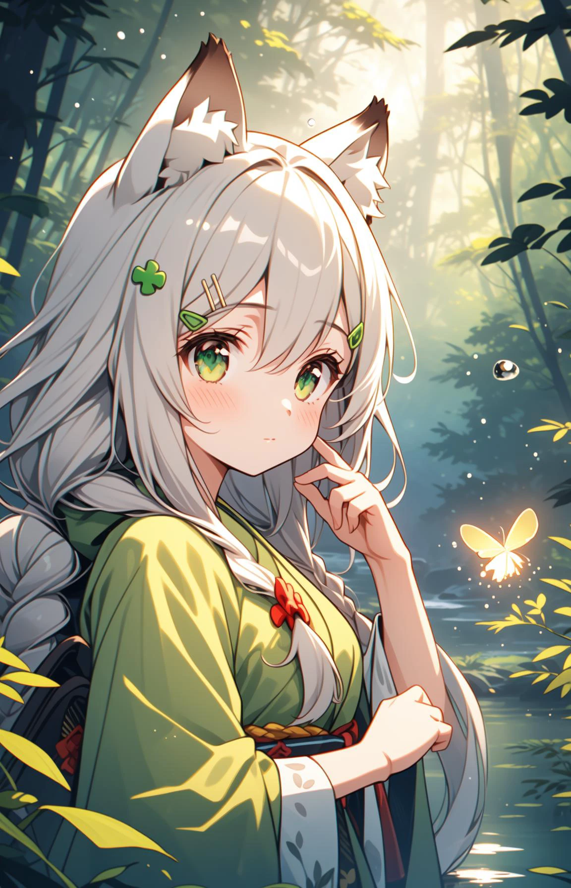 1girl, green eyes, chibi, animal ears, hair ornament, bangs, blush, hair between eyes, animal ear fluff, long hair, closed mouth, braid, nature, outdoors, upper body, hand on own chin, green kimono, water drop, plant, forest, day, hairclip, white hair, hand up, clover hair ornament,Fireflies