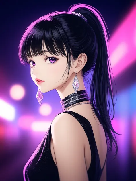 1girl, solo, jewelry, earrings, black hair, ponytail, looking at viewer, sleeveless, blurry, dress, bangs, lips, black eyes, neo...