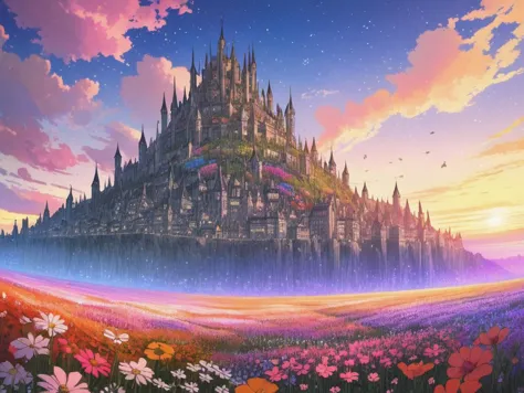 das Schloss im Himmel, pixiv 3dcg, ätherische, sternenbeleuchtete Stadt bei Sonnenuntergang, Feld der Fantasieblumen, warme gesättigte Farben, eeyrie, bunte Architekturzeichnung, in der postapokalyptischen Stadt, von Yoshitaka Amano, mit lebendigem Himmel, deutlicher Horizont