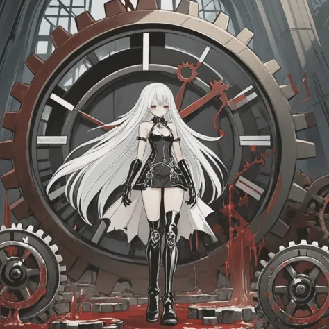 a girl with long white hair and black boots is standing in front of a clock, giant interlocked gears cogs, red blood, artbook artwork, broken machinery, sheath, black gears, sadistic, combine, eve, ultra-high resolution, machinic desire