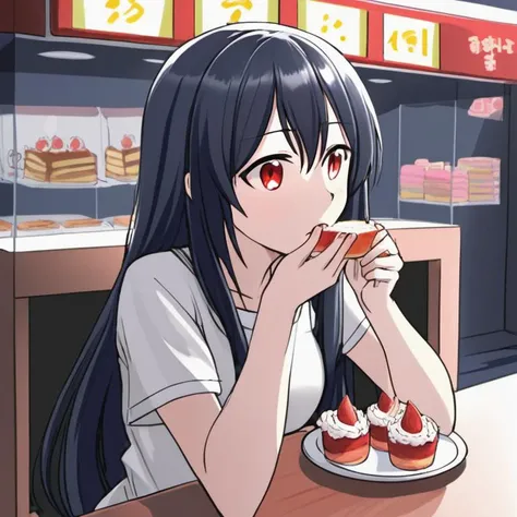 a drawing of a girl with long hair and a white shirt, fubuki, jaidenanimations, eating cakes, exploitable image, ããã®, she is easting a peach, sitting alone, attractive matoi ryuko, ito, kantai collection arcade, having a snack, kancolle, hisasi, fumo, eating