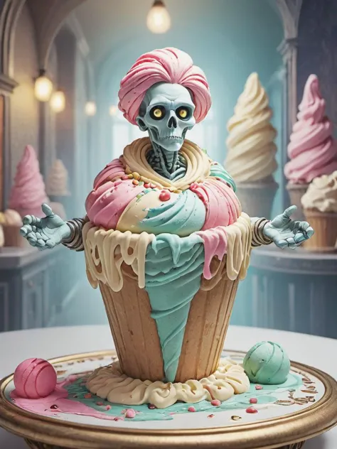 preisgekröntes Foto eines bunten GelatoStyle-Geistererscheinungs mit traurigen Augen im Wunderland, magisch, wunderlich, Fantasy-Kunst-Konzept, steampunk, komplizierte Details, beste Qualität, Meisterwerk, ultrascharf, Hyperrealistisch, Realismus, 