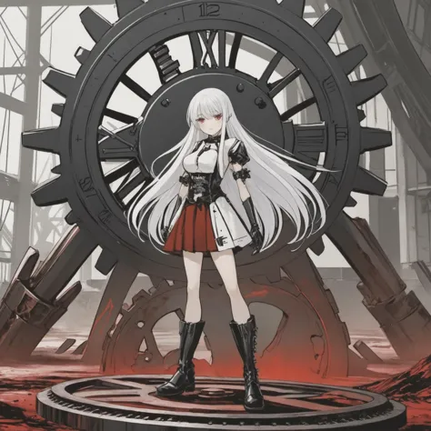 a girl with long white hair and black boots is standing in front of a clock, giant interlocked gears cogs, red blood, artbook ar...
