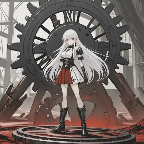 a girl with long white hair and black boots is standing in front of a clock, giant interlocked gears cogs, red blood, artbook artwork, broken machinery, sheath, black gears, sadistic, combine, eve, ultra-high resolution, machinic desire