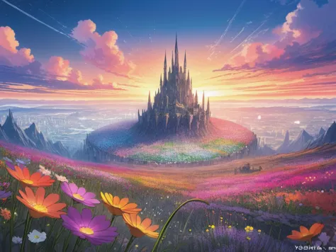 das Schloss im Himmel, pixiv 3dcg, ätherische, sternenbeleuchtete Stadt bei Sonnenuntergang, Feld der Fantasieblumen, warme gesättigte Farben, eeyrie, bunte Architekturzeichnung, in der postapokalyptischen Stadt, von Yoshitaka Amano, mit lebendigem Himmel, deutlicher Horizont