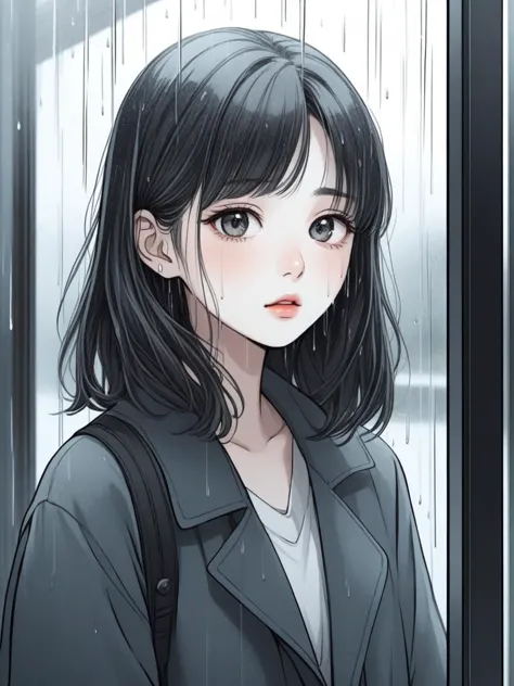 1 Mädchen vor einer Glastür. Es regnet draußen. Gesicht Nahaufnahme, launisches Gesicht, koreanischer Instagram-Influencer, Webtoon-Stil, Gesicht Nahaufnahme