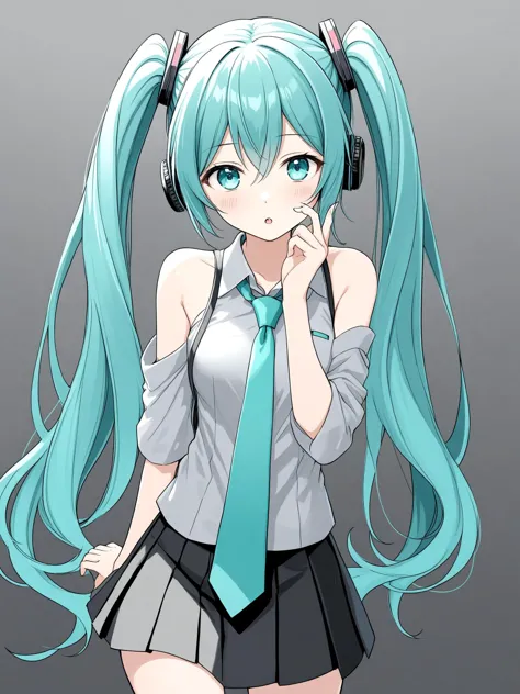 1 Mädchen, hatsune miku, Allein, lange Haare, abgesetzte Ärmel, Zwillingsschwänze, Rock, necktie, Hemd, very lange Haare, aqua necktie, ärmellos, black Rock, Aqua-Haar, Mikrofon, Betrachter betrachten, pleated Rock, Aqua Augen, ärmellos Hemd, grey Hemd, Halten, nackten Schultern, Haare zwischen den Augen, Haarverzierung, Cowboy-Schuss, bangs, geöffnete Lippen, schwarze Ärmel, collared Hemd