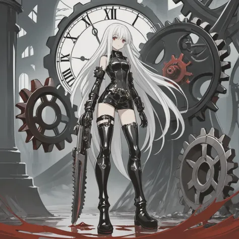 a girl with long white hair and black boots is standing in front of a clock, giant interlocked gears cogs, red blood, artbook ar...