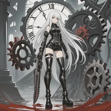 a girl with long white hair and black boots is standing in front of a clock, giant interlocked gears cogs, red blood, artbook artwork, broken machinery, sheath, black gears, sadistic, combine, eve, ultra-high resolution, machinic desire