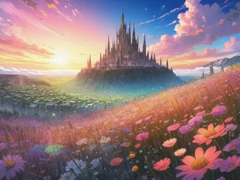 das Schloss im Himmel, pixiv 3dcg, ätherische, sternenbeleuchtete Stadt bei Sonnenuntergang, Feld der Fantasieblumen, warme gesättigte Farben, eeyrie, bunte Architekturzeichnung, in der postapokalyptischen Stadt, von Yoshitaka Amano, mit lebendigem Himmel, deutlicher Horizont