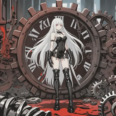 anime girl standing in front of a clock with a large clock in the background