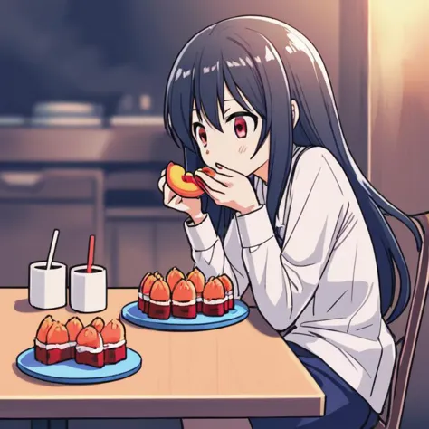 anime girl eating a hot dog and a plate of food