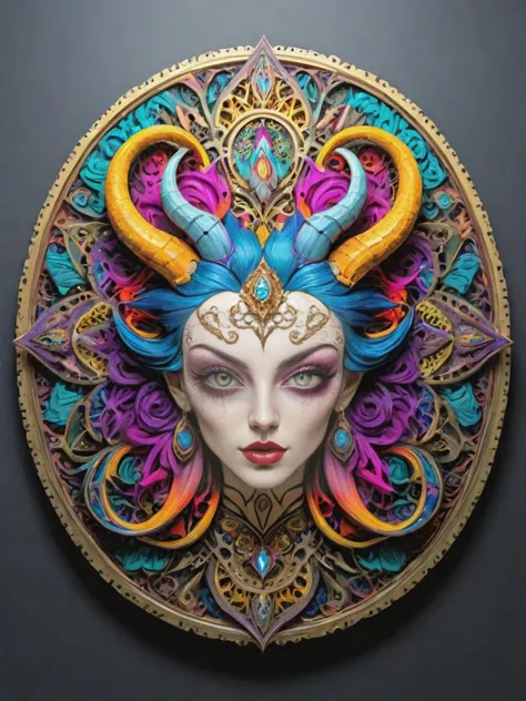 award winning photograph of a colorful Mandala style succubus with tantalizing allure in wonderland, magical, whimsical, fantasy...